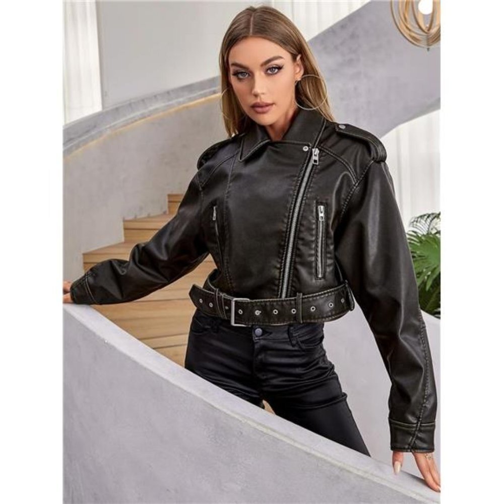 Black Faux Leather Oversized‎ Cropped Jacket Belted Biker Moto Jacket Coat